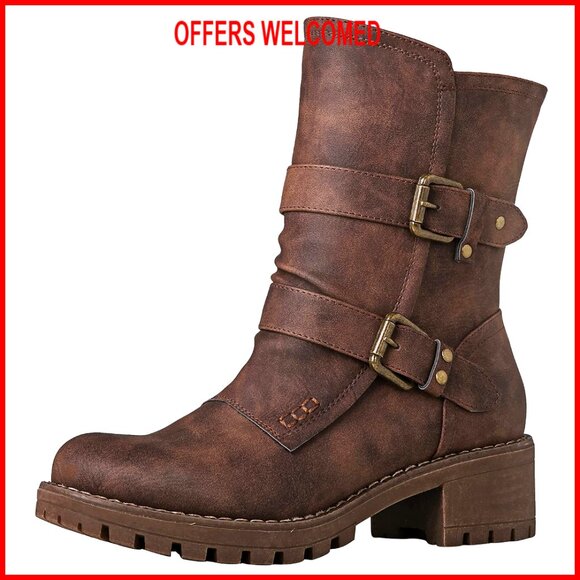 Lace Up Mid Calf Motorcycle Combat Boots with Side Zipper